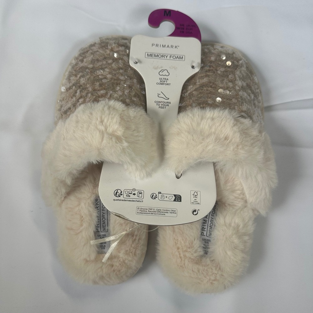 Primark Women Sequin Memory Foam Slippers Faux Fur Trim Champagne Gold Size 7-8
